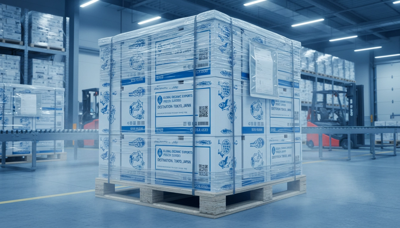 Labeled frozen seafood pallet