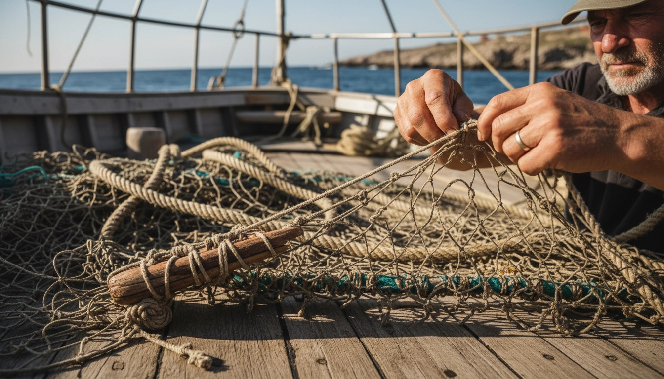 Fishing net repair on deck