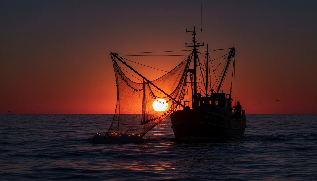 Fishing vessel silhouette at sunset